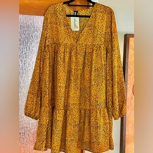 Mustard Yellow Printed Dress/ TUNIC LARGE, NEW W TAGS